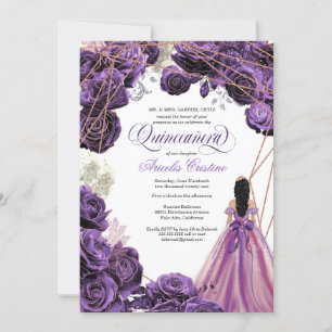 Quinceañera Regal Royal Purple & Rose Gold & Gown Invitation
