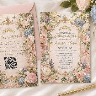 Quinceañera Regency English Floral Garden QR RSVP Invitation