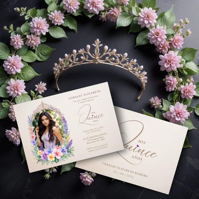 Quinceañera Romantic Glam Floral Ornate Arch  Invitation (Pastel Romantico Glam Floral Ornate Arch Photo Spanish Quinceañera Invitations Cards.)