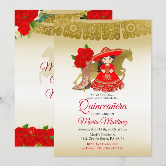 Quinceañera Rose Burgundy Gold Mexican Birthday In Invitation (Front/Back)