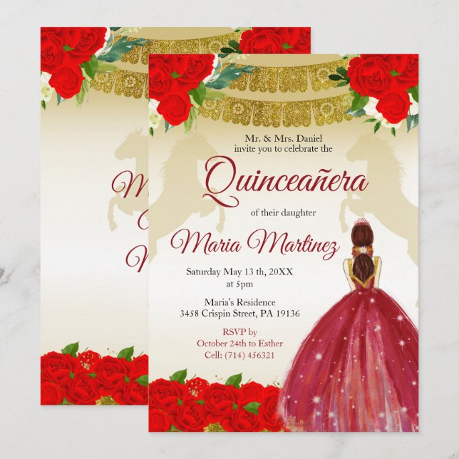 Quinceañera Rose Burgundy Gold Mexican Birthday Invitation (Front/Back)