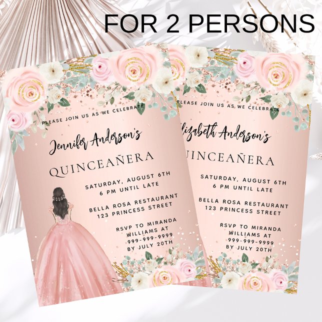 Quinceanera rose dress floral 2 girls invitation (Creator Uploaded)
