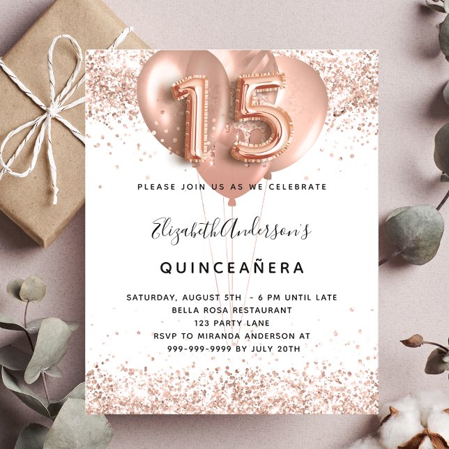 Quinceanera rose gold balloons budget invitation flyer (Creator Uploaded)