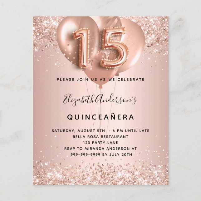Quinceanera rose gold balloons invitation (Front)