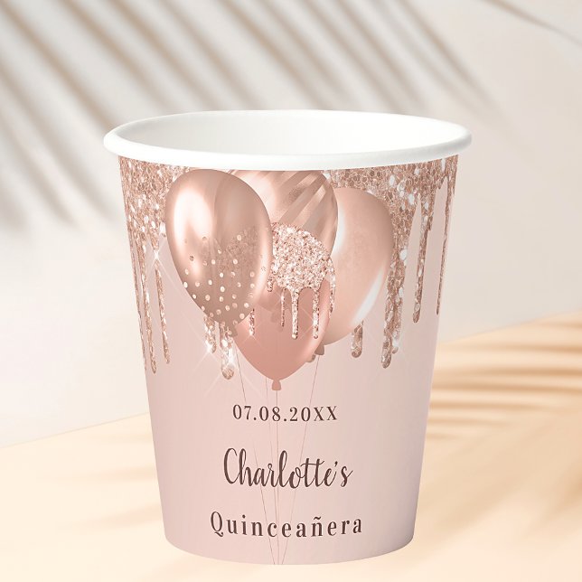 Quinceanera rose gold balloons paper cups (Creator Uploaded)