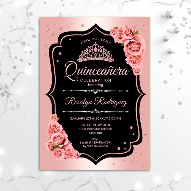 Quinceanera - Rose Gold Black Invitation (Creator Uploaded)