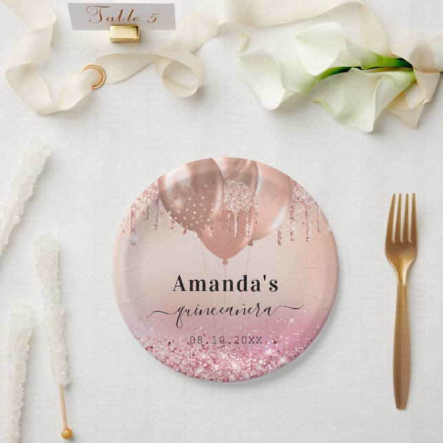 Quinceanera rose gold blush balloons name paper plate (Wedding)