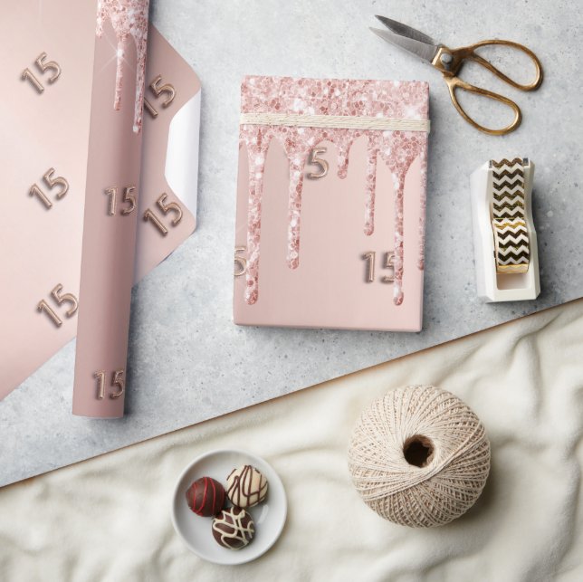 Quinceanera rose gold blush glitter drips wrapping paper (Crafts)