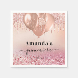 Quinceanera rose gold blush glitter name napkin