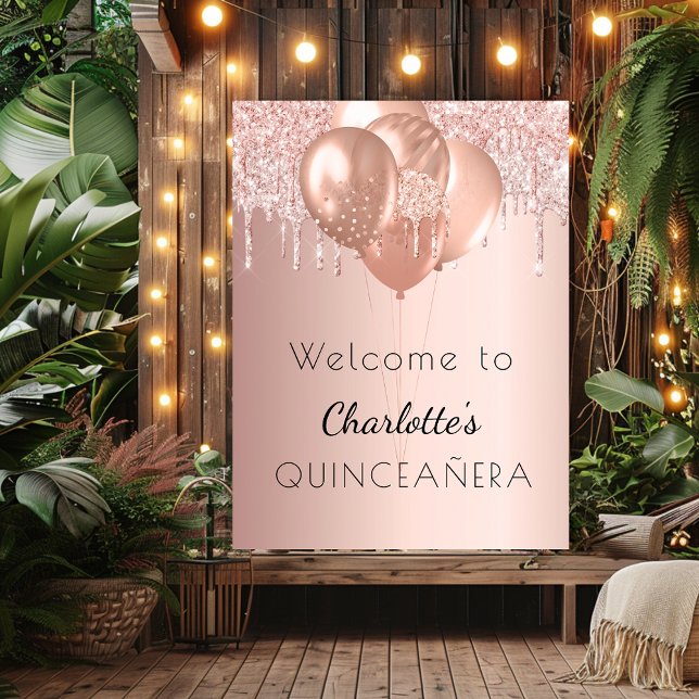 Quinceanera rose gold blush pink balloons welcome poster (Creator Uploaded)