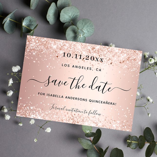 Quinceanera rose gold blush sparkles save the date (Creator Uploaded)