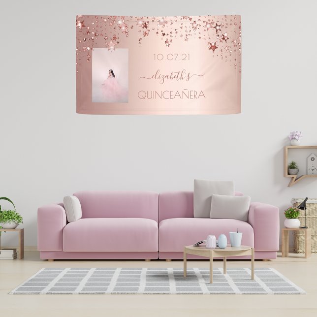 Quinceanera rose gold blush stars photo banner (Creator Uploaded)