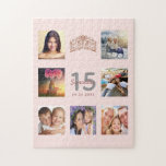 Quinceanera rose gold blush tiara photo jigsaw puzzle<br><div class="desc">A unique Quinceañera, 15th birthday gift or keepsake, celebrating her life with a collage of 7 of your photos. Add images of her family, friends, pets, hobbies or dream travel destination. Personalise and add a name, age 15 and a date. Grey and dark rose gold coloured letters. Elegant and trendy...</div>
