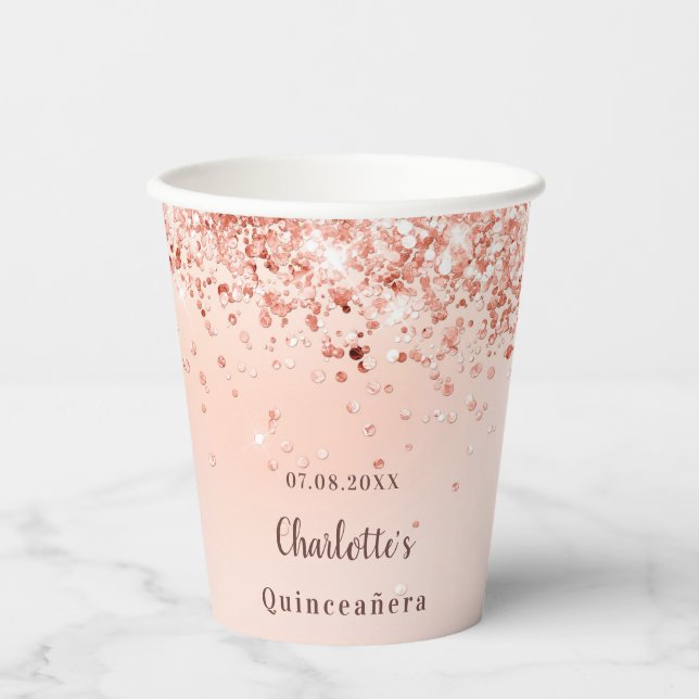 Quinceanera rose gold confetti name  paper cups (Front)