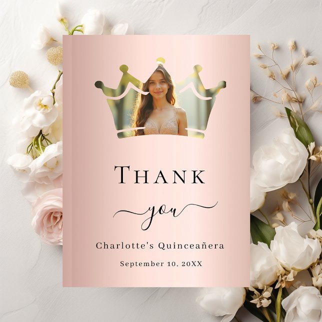 Quinceanera rose gold crown photo thank you card (Creator Uploaded)