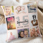 Quinceanera rose gold custom photo collage cushion<br><div class="desc">A unique gift for a girl's Quinceañera,  15th birthday,  celebrating her life with a collage of 8 of your own photos,  pictures.  Personalise and add her name,  age 15 and a date. A girly rose gold background.  The name is written with a modern hand lettered style script.</div>