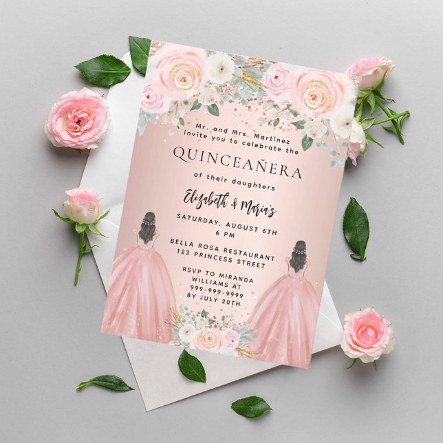 Quinceanera rose gold dress floral 2 girls luxury invitation (Creator Uploaded)
