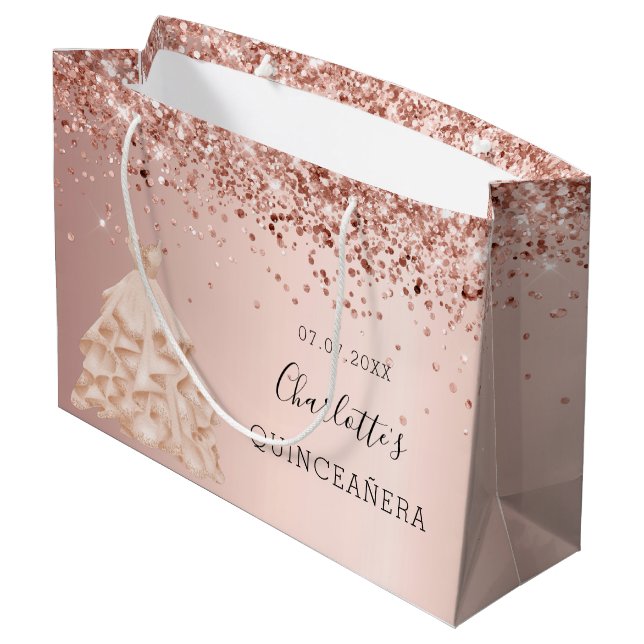 Quinceanera rose gold dress name large gift bag (Back Angled)