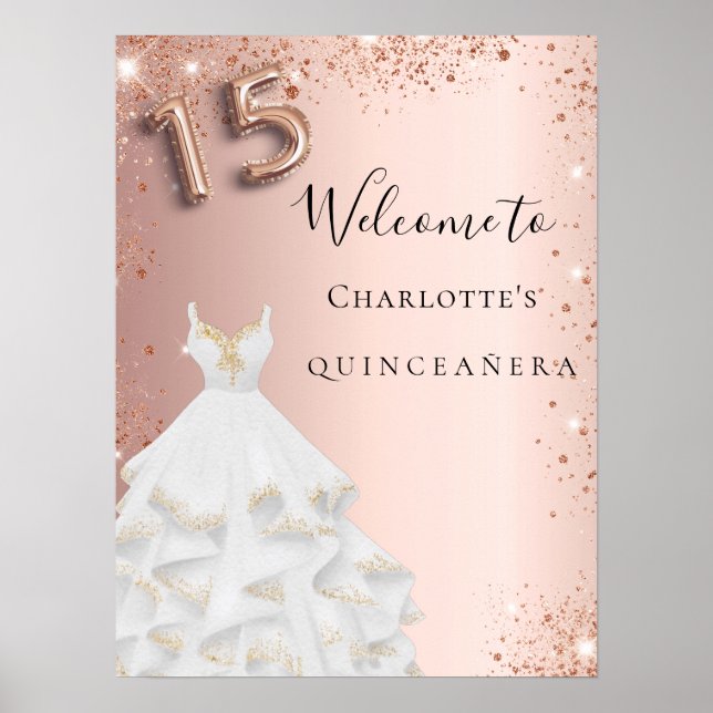 Quinceanera rose gold dress white welcome poster (Front)
