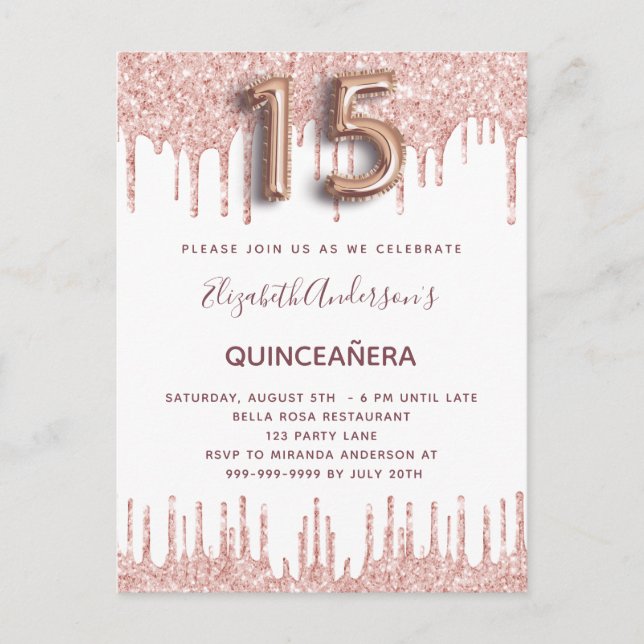 Quinceanera rose gold drips pink invitation postcard (Front)