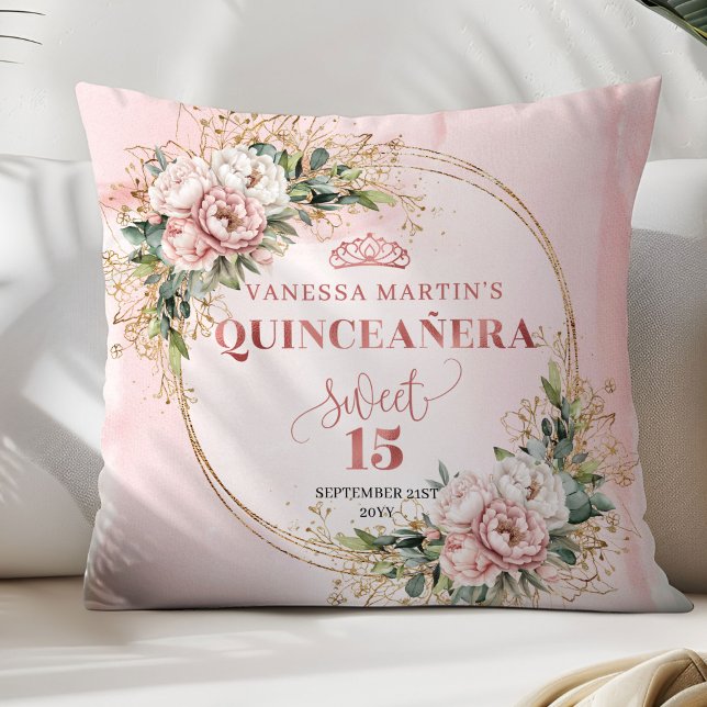 Quinceañera Rose Gold Floral Eucalyptus Accent  Cushion (Quinceañera Rose Gold Floral Eucalyptus Accent Pillow)