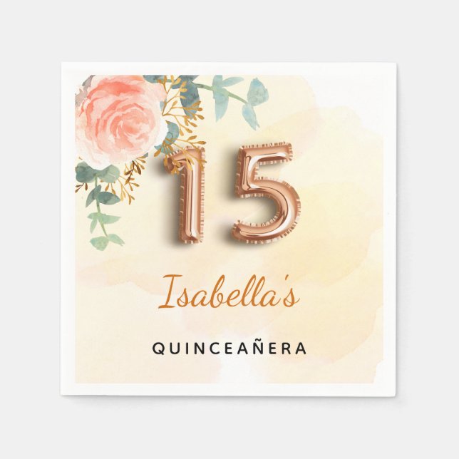 Quinceanera rose gold floral greenery name napkin (Front)
