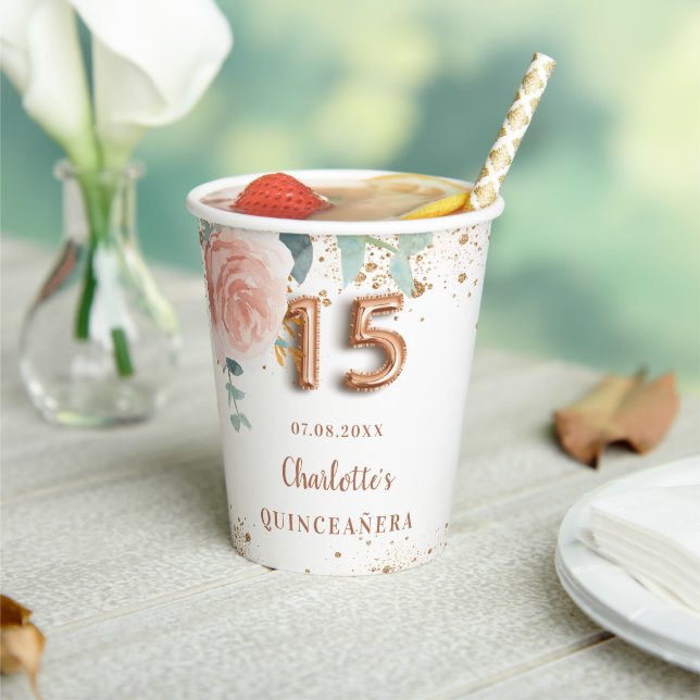 Quinceanera rose gold florals glitter monogram  paper cups (Insitu)