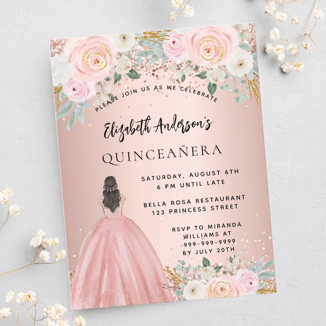 Quinceanera rose gold flowers dress invitation postcard (Creator Uploaded)