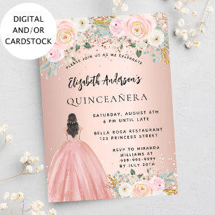 Quinceanera rose gold flowers dress luxury invitation