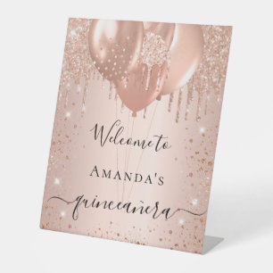 Quinceanera rose gold glitter blush party welcome pedestal sign