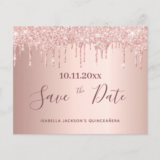 Quinceanera rose gold glitter budget Save the Date Flyer (Front)