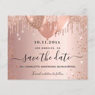 Quinceanera rose gold glitter budget save the date flyer
