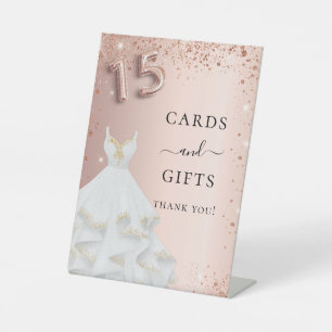 Quinceanera rose gold glitter dress cards gifts pedestal sign