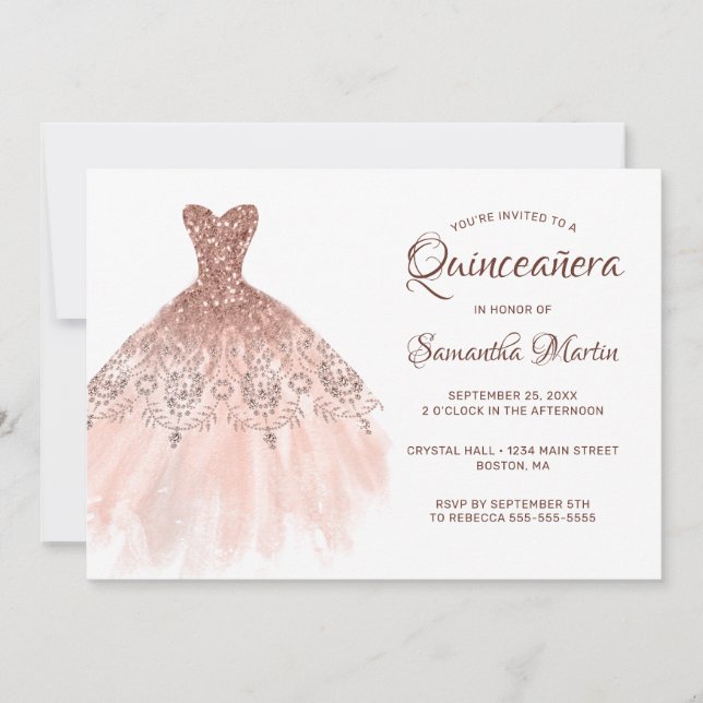 Quinceanera Rose Gold Glitter Dress on White Party Invitation (Front)