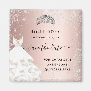 Quinceanera rose gold glitter dress save the date magnet