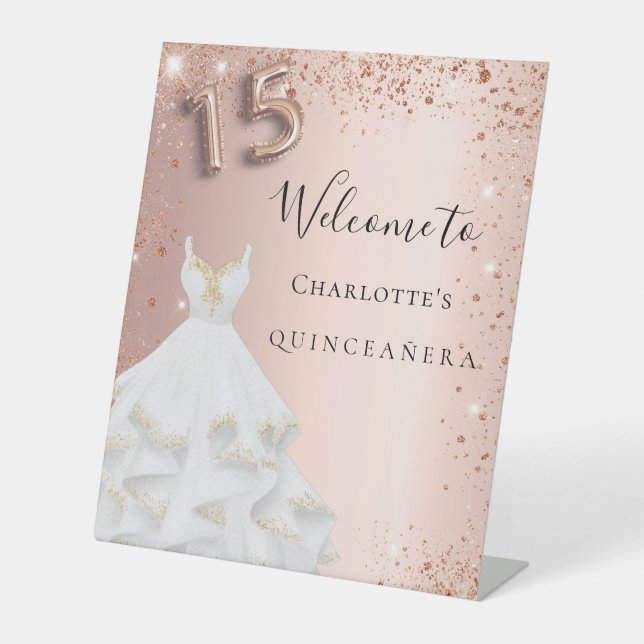 Quinceanera rose gold glitter dress welcome pedestal sign (Front)