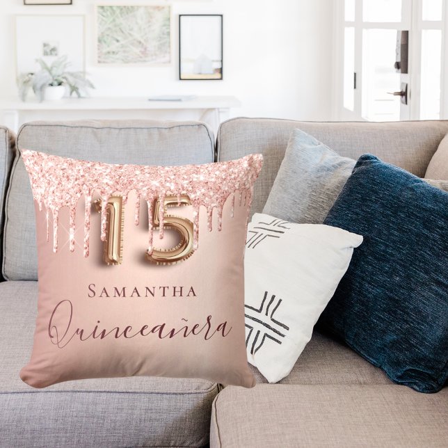 Quinceanera rose gold glitter drips monogram cushion (Creator Uploaded)