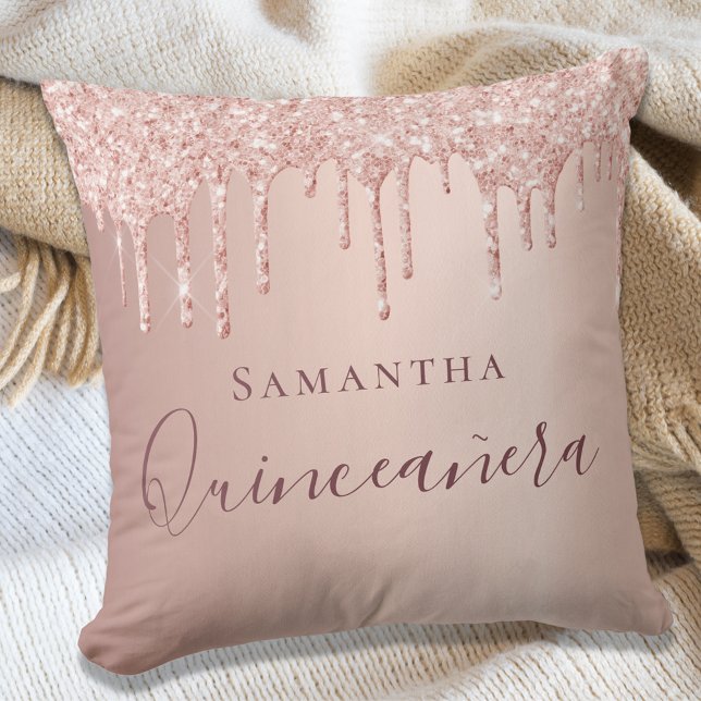 Quinceanera rose gold glitter drips name cushion (Creator Uploaded)