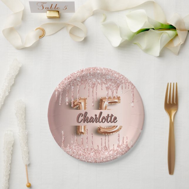 Quinceanera rose gold glitter drips name paper plate (Wedding)