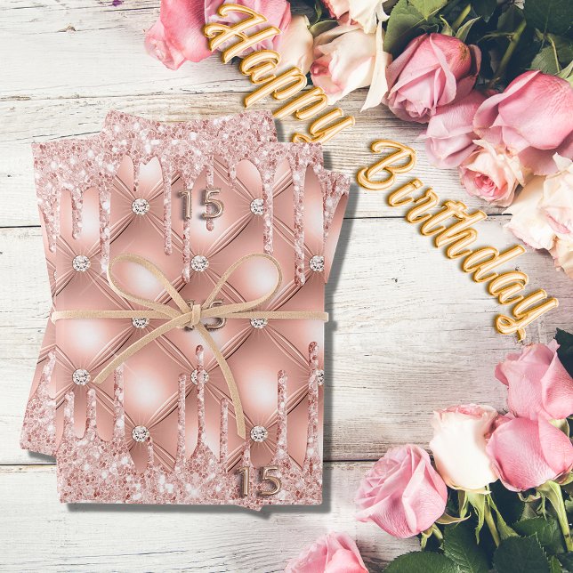 Quinceanera rose gold glitter drips pink luxury wrapping paper sheet (Creator Uploaded)