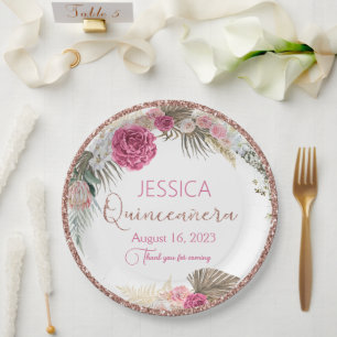 Quinceanera Rose Gold Glitter Floral Paper Plate