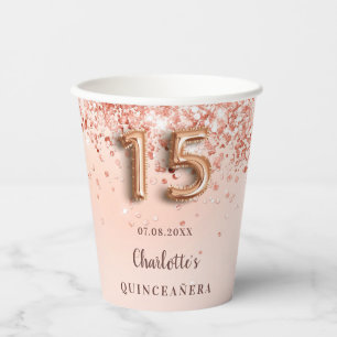 Quinceanera rose gold glitter name paper cups