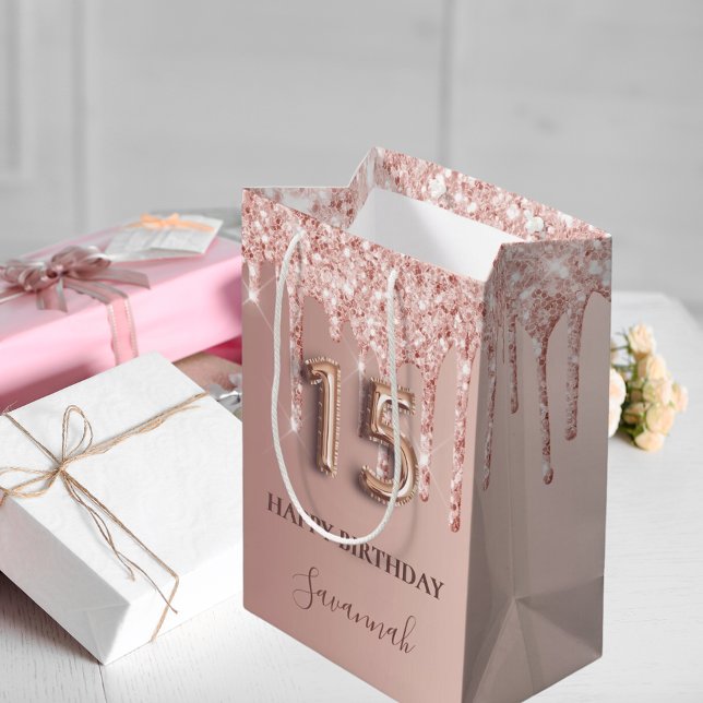 Quinceanera rose gold glitter pink balloon style medium gift bag (Creator Uploaded)