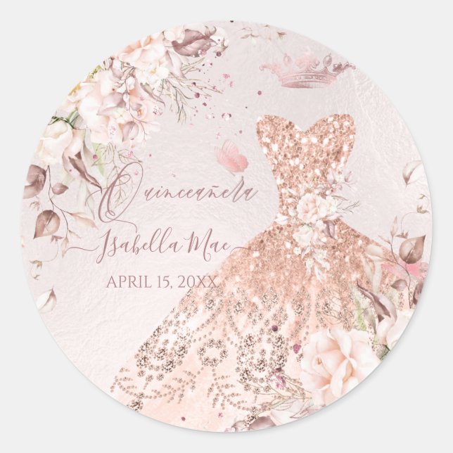 Quinceanera  Rose Gold Glitter Quince Dress Classi Classic Round Sticker (Front)