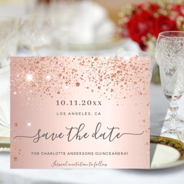 Quinceanera rose gold glitter save the date (Creator Uploaded)
