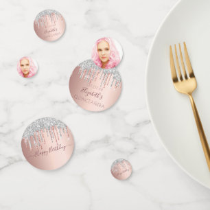 Quinceanera rose gold glitter silver photo name confetti