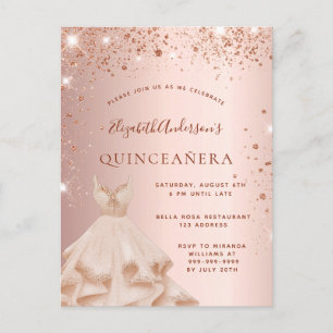 Quinceanera rose gold glitter sparkle dress invitation postcard