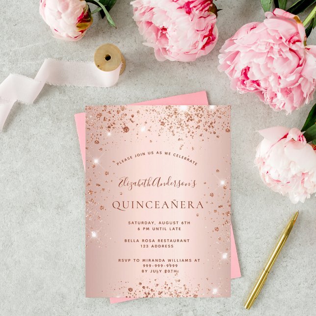 Quinceanera rose gold glitter sparkle glam invitation postcard (Creator Uploaded)