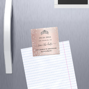 Quinceanera rose gold glitter tiara save the date magnet