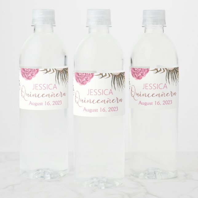 Quinceanera Rose Gold Glitter Water Bottle Label (Bottles)